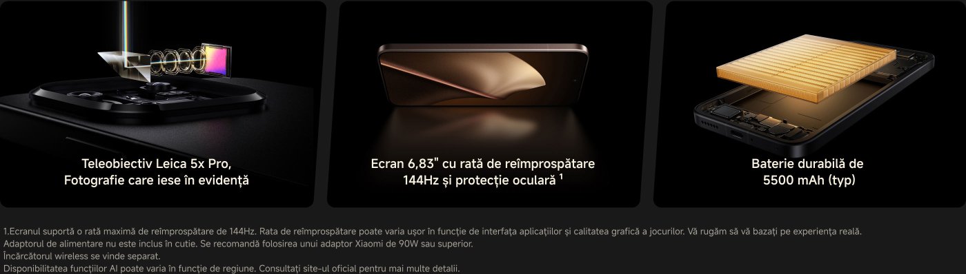 Teleobiectiv Leica 5x Pro, fotografie care iese în evidență. Ecran de 6,83" cu rată de refresh de 144Hz și protecție pentru ochi. Baterie durabilă de 5500 mAh (tip).