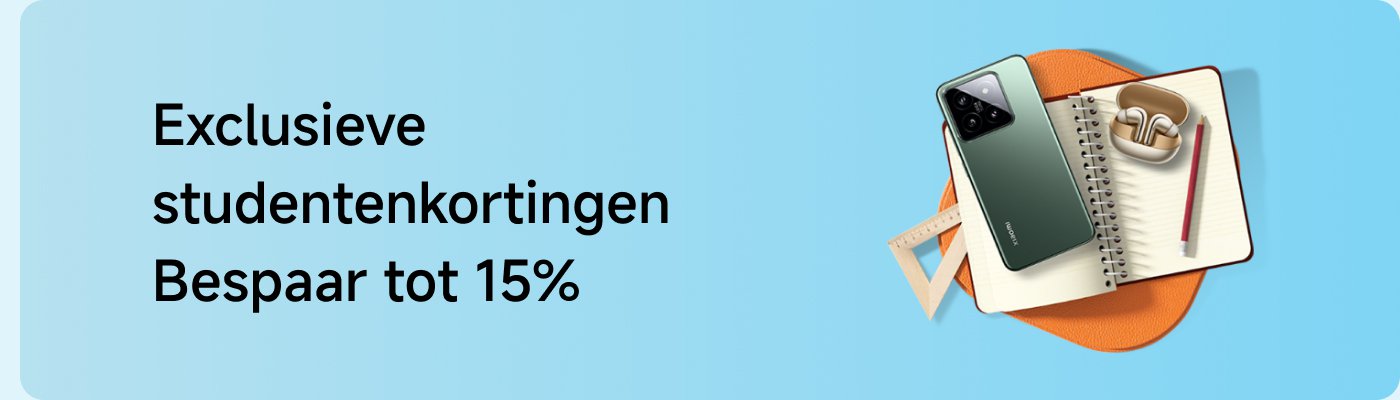 Exclusieve studentenkorting, bespaar tot 15%. De afbeelding toont een mobiele telefoon, een koptelefoon en een notitieboek met een potlood, met een blauwe gradient achtergrond.