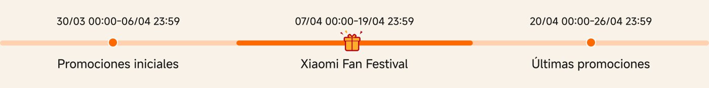 Promociones iniciales desde el 30/03 a las 00:00 hasta el 06/04 a las 23:59, seguido del Festival de Fans de Xiaomi, desde el 07/04 a las 00:00 hasta el 19/04 a las 23:59, y por último, las últimas promociones desde el 20/04 a las 00:00 hasta el 26/04 a las 23:59.