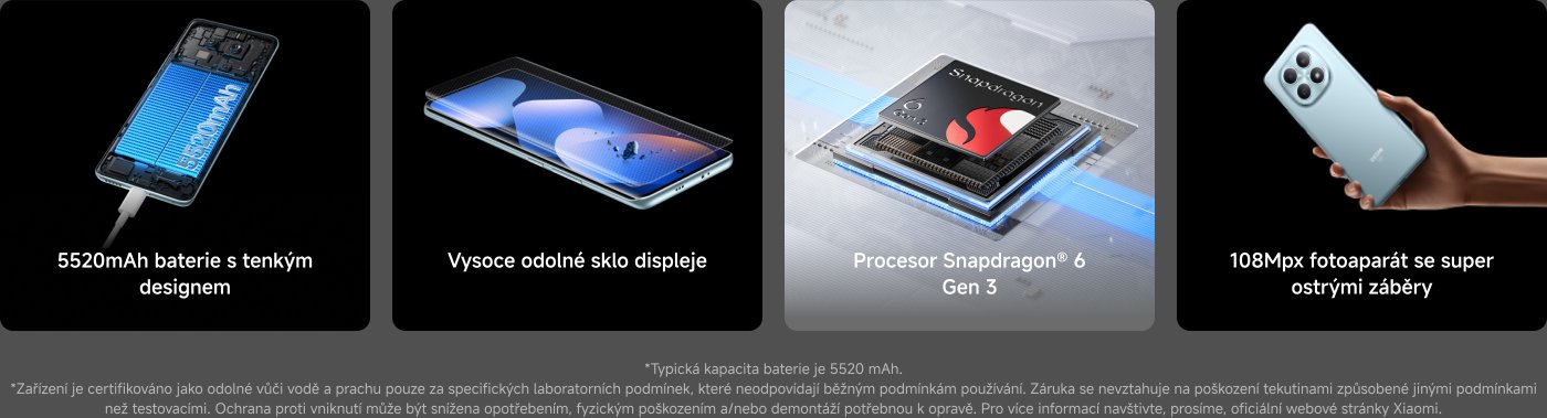 Zobrazte vlastnosti chytrého telefonu, včetně:

1. Baterie s kapacitou 5520 mAh, tenký design.
2. Vysoce odolné sklo displeje.
3. Procesor Snapdragon 6 Gen 3.
4. 108MP fotoaparát, podporující ultra vysoké rozlišení.

Pozadí je černé, což vytváří technologický dojem.