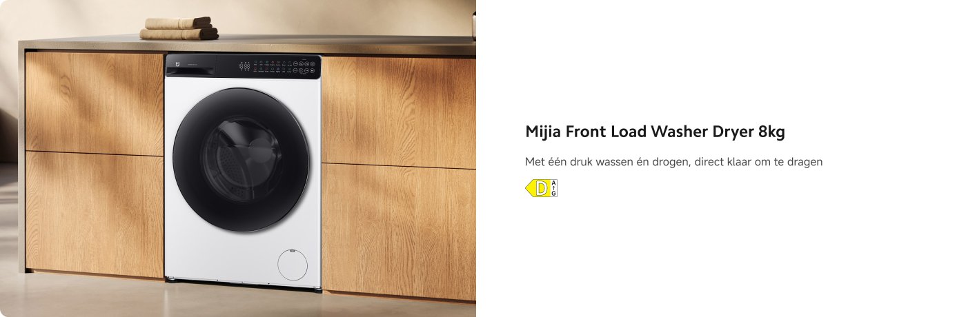 Een Mijia voorlader was-droogcombinatie met een capaciteit van 8 kilogram, geplaatst naast een houten kast. Aan de rechterkant bevinden zich de productnaam en een korte beschrijving, die aangeeft dat het met één druk op de knop kan wassen en drogen.