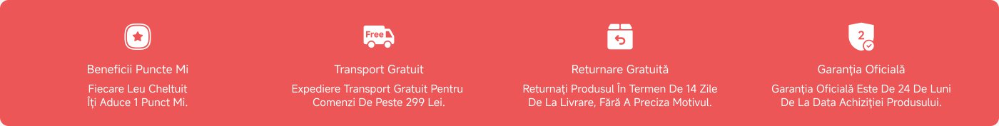 Imaginează-ți patru funcții de servicii, inclusiv „Puncte de beneficii”, „Transport gratuit”, „Returnare gratuită” și „Garanție oficială”, cu un fundal roșu și pictograme simple și clare.