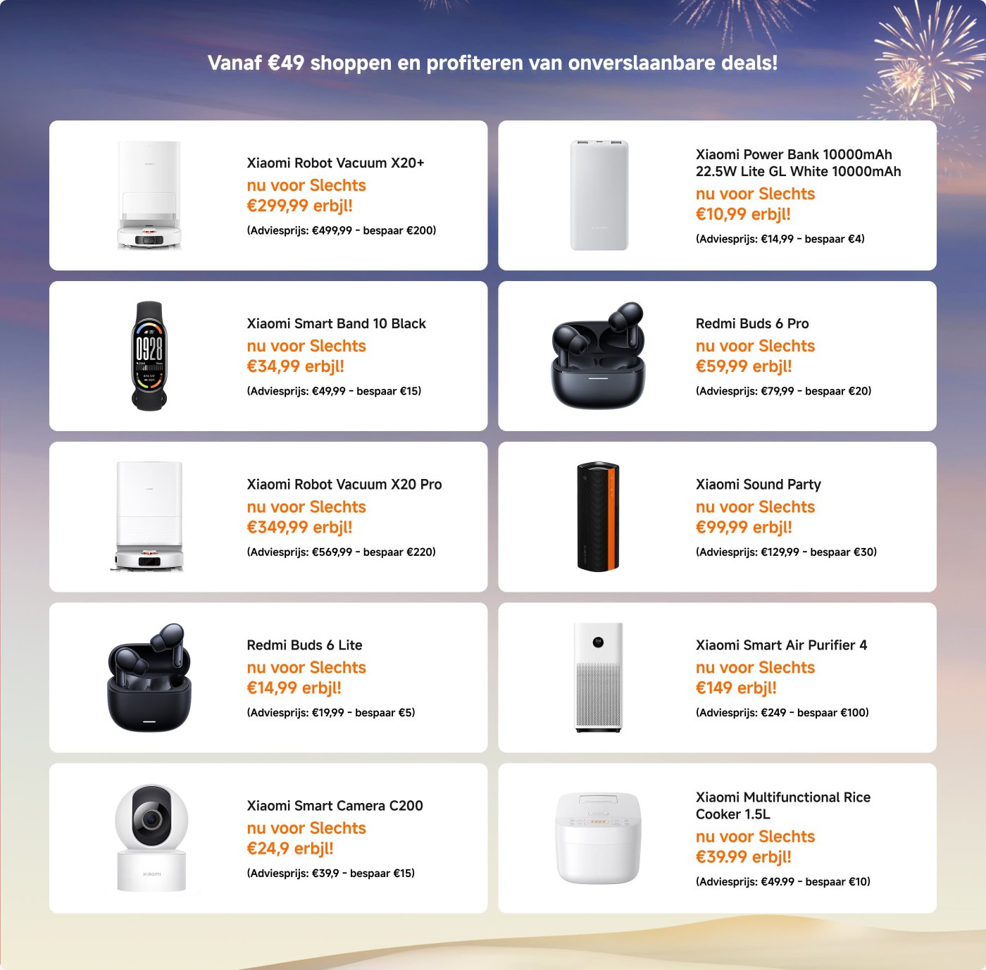 Aanbiedingsinformatie met kortingen op verschillende Xiaomi-producten, zoals de Xiaomi Robotstofzuiger, de Mi Casual Backpack en de Redmi-oordopjes, benadrukt dat je vanaf 49 euro kunt winkelen voor geweldige aanbiedingen.
