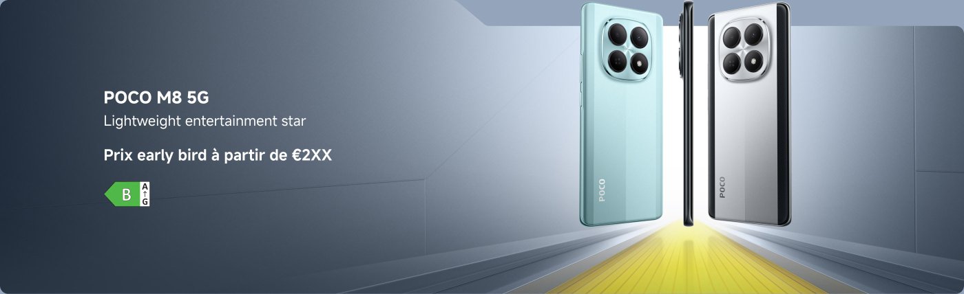 Présentation du smartphone POCO M8 5G, avec le slogan "L'étoile du divertissement léger". Il est également mentionné que "le prix de lancement commence à partir de 2XX €". L'arrière-plan est simple, et le téléphone est présenté en deux coloris : bleu et argent.