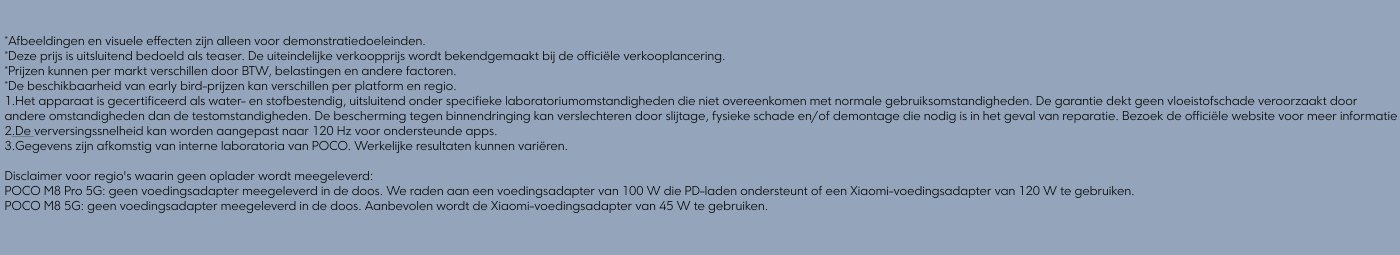 Disclaimer-tekst met betrekking tot productspecificaties, prijzen, beschikbaarheid en garantievoorwaarden. Het vermeldt certificeringen, mogelijke verschillen in prestaties en aanbevelingen voor stroomadapters.