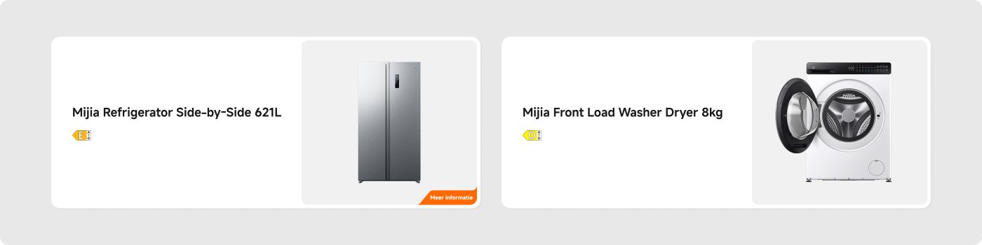 Toont twee huishoudelijke apparaten: aan de linkerkant staat de Mijia 621 liter side-by-side koelkast, aan de rechterkant de Mijia 8 kilogram voorlader wasdroger.