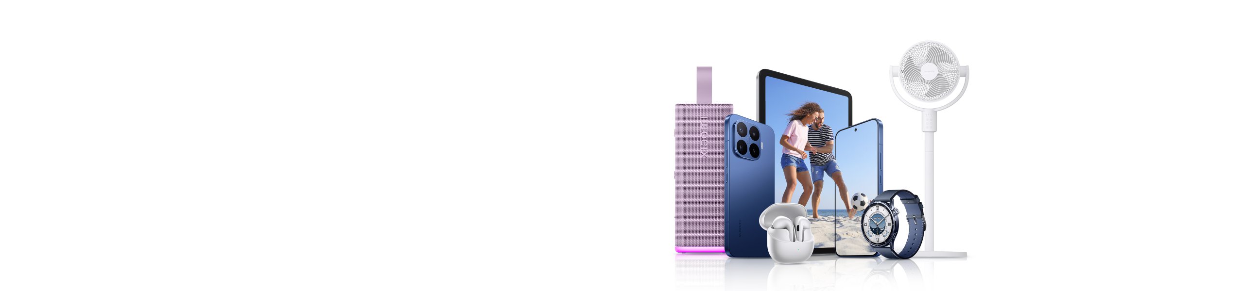 Un ensemble d'appareils électroniques, comprenant une télévision, un téléphone portable, une machine à laver, un scooter et une montre, sur un fond dégradé de bleu et de rouge.