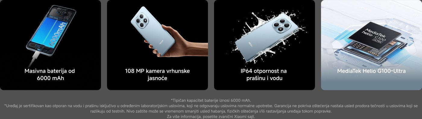 Slika ističe karakteristike pametnog telefona, uključujući:

- Ogromnu bateriju od 6000 mAh.
- Kameru visoke rezolucije od 108 MP.
- IP64 otpornost na prašinu i vodu.
- MediaTek Helio G100-Ultra procesor.

Postoje dodatne napomene o kapacitetu baterije i sertifikaciji otpornosti uređaja na vodu i prašinu.