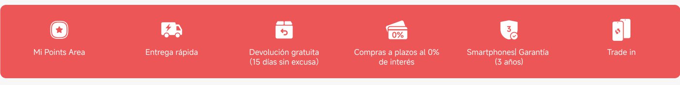 The text in the image highlights several features of a service, including:

1. Mi Points area.
2. Fast delivery.
3. Free returns (15 days without excuse).
4. 0% interest installment purchases.
5. 3-year warranty for smartphones.
6. Trade-in option (device exchange).

These features suggest attractive benefits for consumers.