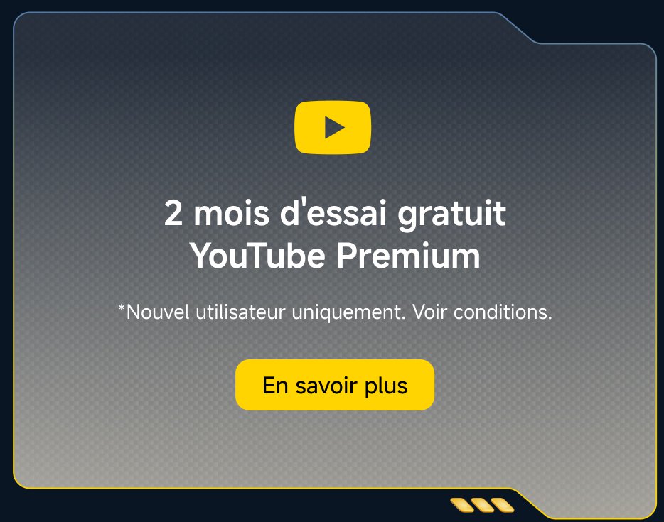 Offre de 2 mois d'essai gratuit pour YouTube Premium, réservée aux nouveaux utilisateurs. Un bouton "En savoir plus" est également présent pour obtenir des détails supplémentaires.