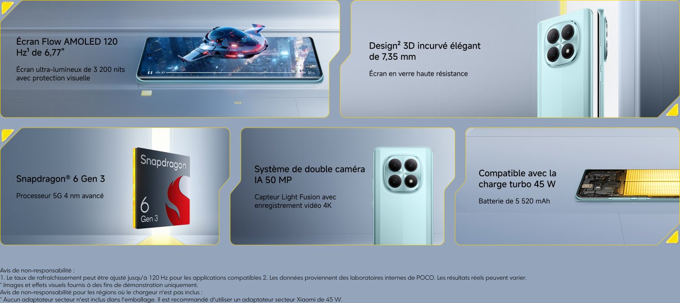 Snapdragon® 8 Elite Mobile Platform, advanced 3 nm processor for high efficiency. Long-lasting battery 6210 mAh, HyperCharge 100W. AMOLED POCO HyperRGB 6.59" 120Hz screen, eye care without flicker. Elegant and premium design, water and dust resistance IP68.