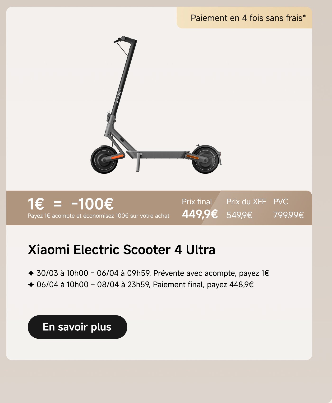 Promotion for the REDMI Pad 2 (8GB + 256GB). By paying a deposit of €1, you save €130 and receive a gift. Final price of €221, with a PVC of €351. Offer valid from 30/03 to 08/04, with details on installment payment.