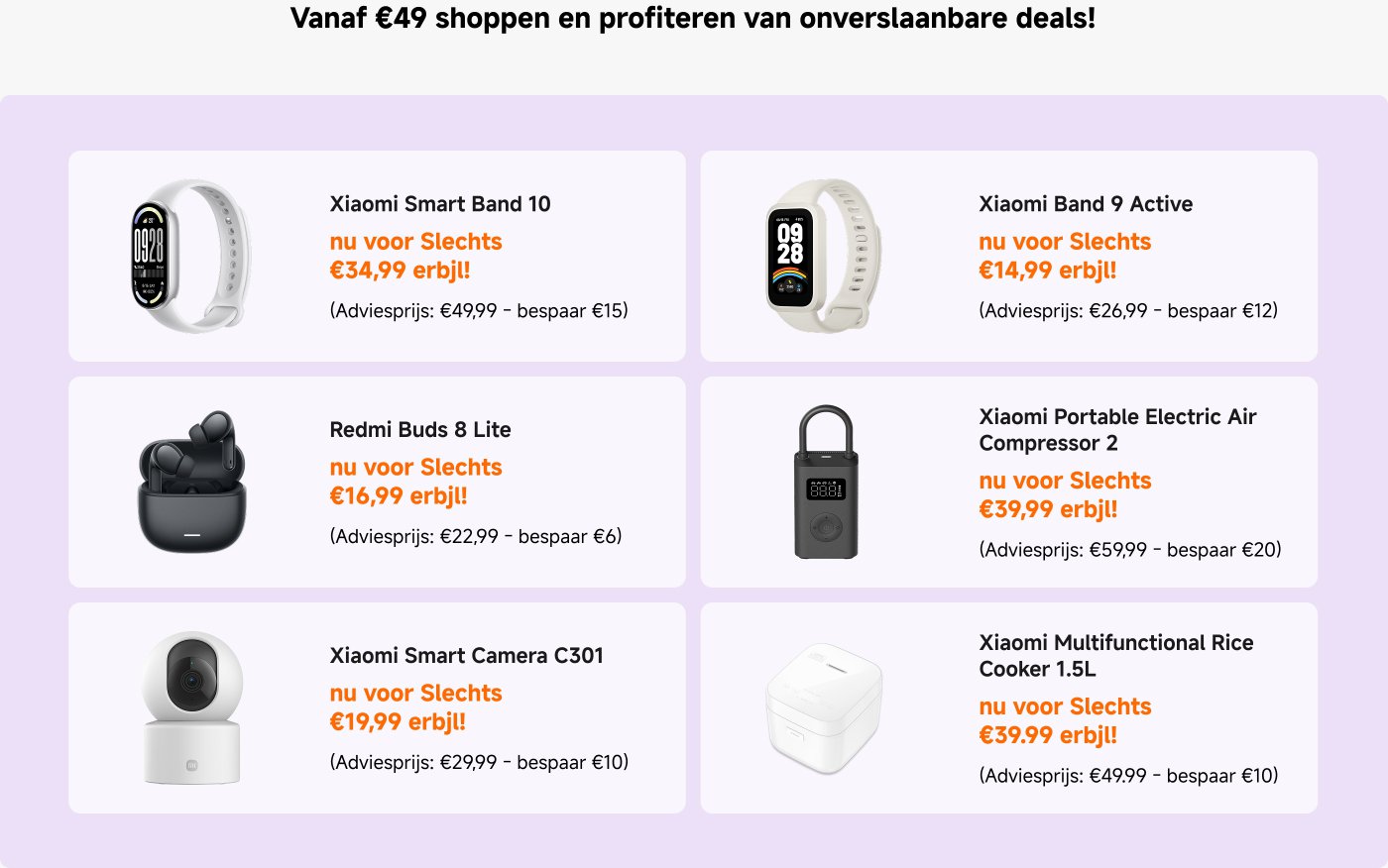Aanbiedingsinformatie met kortingen op verschillende Xiaomi-producten, zoals de Xiaomi Robotstofzuiger, de Mi Casual Backpack en de Redmi-oordopjes, benadrukt dat je vanaf 49 euro kunt winkelen voor geweldige aanbiedingen.