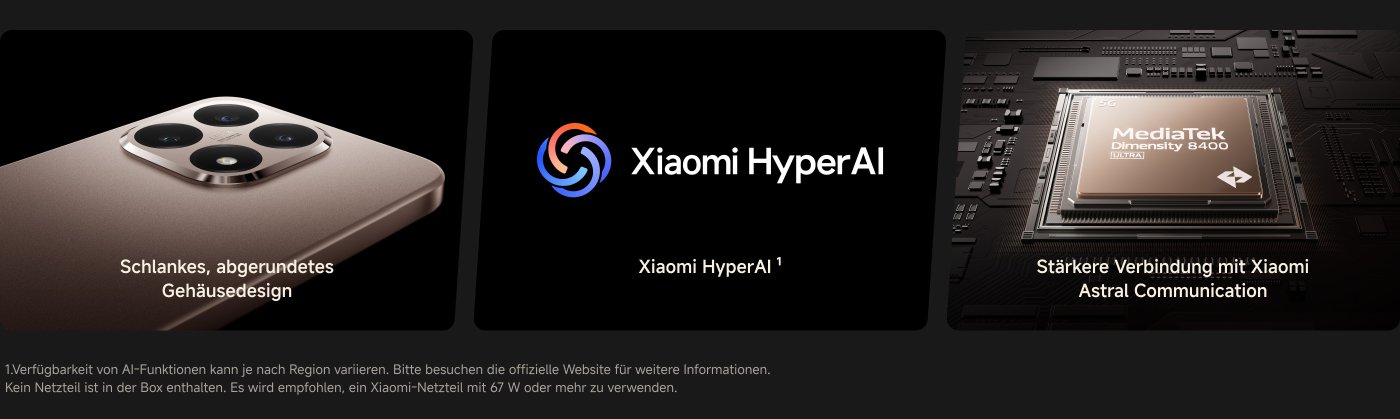 Ein Bild, das ein Xiaomi-Handy zeigt, mit einem dunklen Hintergrund. Auf der linken Seite ist die Rückseite des Handys mit vier Kameras zu sehen, in der Mitte das Logo von Xiaomi HyperAI und auf der rechten Seite wird der MediaTek Dimensity 8400-Chip präsentiert. Unten befindet sich eine Erklärung zur Verfügbarkeit der KI-Funktionen.