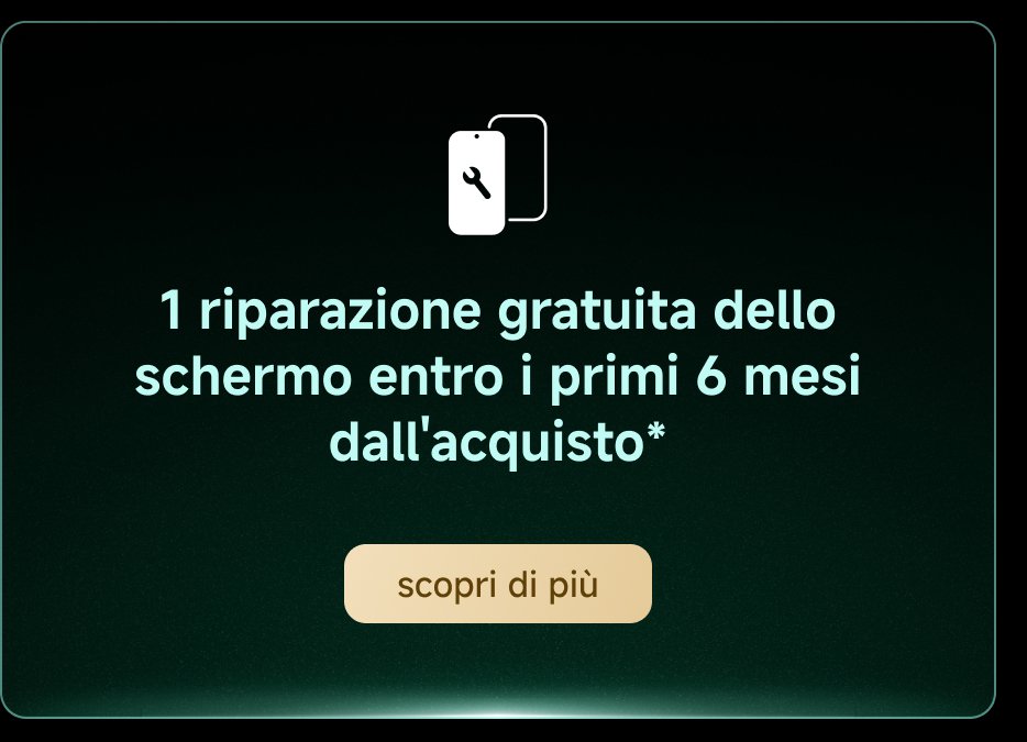 Offerta per 1 riparazione gratuita dello schermo entro i primi 6 mesi dall'acquisto. Pulsante "scopri di più" in basso. Sfondo scuro con icona di telefono e chiave.