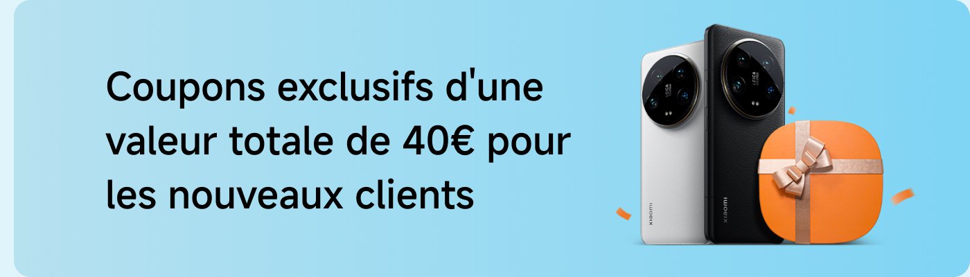 Xiaomi phone displayed on a blue background, next to it is an orange gift box. The text says "Exclusive coupons worth a total of €40 for new customers," indicating a €40 discount for new customers.