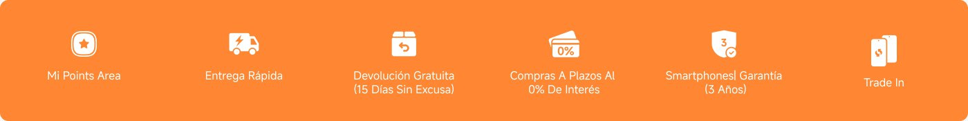 La imagen presenta varios servicios o características, incluyendo:

1. Área de Mis Puntos
2. Entrega Rápida
3. Devolución Gratuita (15 Días Sin Excusa)
4. Compras a Plazos al 0% de Interés
5. Garantía de 3 Años para Smartphones
6. Trade In

El fondo es de color naranja y los íconos son simples y representativos.