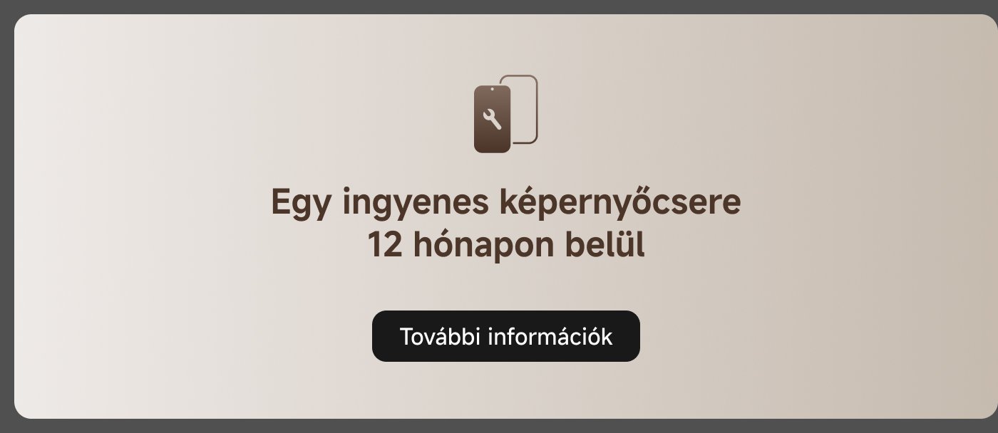 A hirdetés egy ingyenes képernyőcsere lehetőségét kínálja 12 hónapon belül. Az alján található gomb további információk megszerzésére invitál.