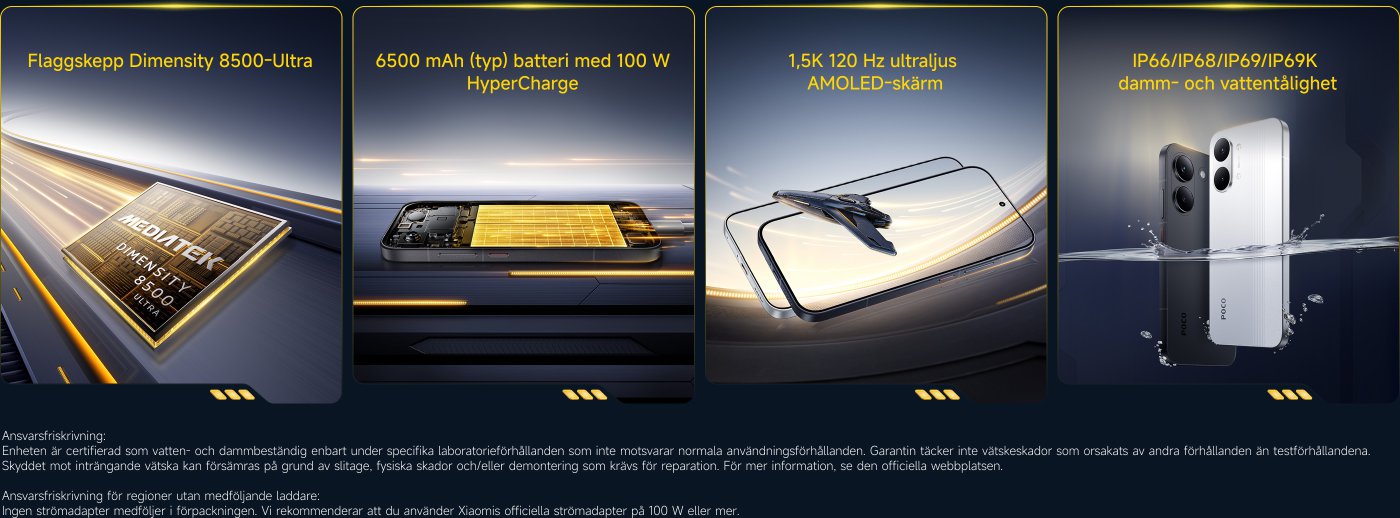 Bilden visar en reklamdesign för en smartphone och framhäver viktiga specifikationer:

1. **Processor:** MediaTek Dimensity 8500-Ultra.
2. **Batteri:** 6500 mAh med 100 W HyperCharge.
3. **Skärm:** 1.5K 120 Hz AMOLED-skärm.
4. **Hållbarhet:** IP66/IP68/IP69/IP69K vattentålig och dammtålig.

Den innehåller också en ansvarsfriskrivning om garantivillkor och rekommendationer angående laddaren.