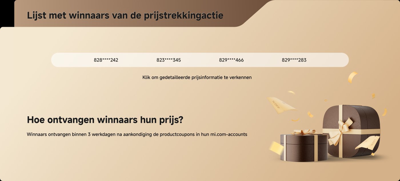De winnaarslijst toont meerdere winnummers en geeft aan dat de winnaars hun prijzen binnen 3 werkdagen via hun mi.com-account zullen ontvangen. De achtergrond bevat geschenken en decoratieve elementen.