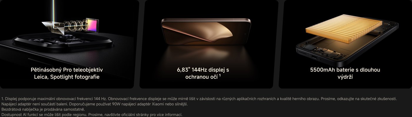 Zobrazila se nová funkce telefonu, včetně 6,83palcového 144Hz displeje, 5500mAh baterie a pětinásobného profesionálního teleobjektivu Leica, na černém pozadí, které zdůrazňuje funkce produktu.
