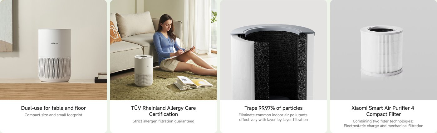 A compact air purifier is shown on a wooden table, with a person sitting on a sofa nearby, using a tablet. The product features dual-use for table and floor, TÜV Rheinland Allergy Care Certification, and claims to trap 99.97% of particles with a filter that combines electrostatic charge and mechanical filtration.