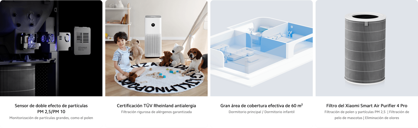 El purificador de aire Xiaomi se encuentra sobre una mesa de madera, al lado hay una mujer sentada en la alfombra, que está leyendo. Las características del producto incluyen certificación antihiperalergénica y un filtrado de tres capas, que puede filtrar eficazmente las pequeñas partículas del aire.