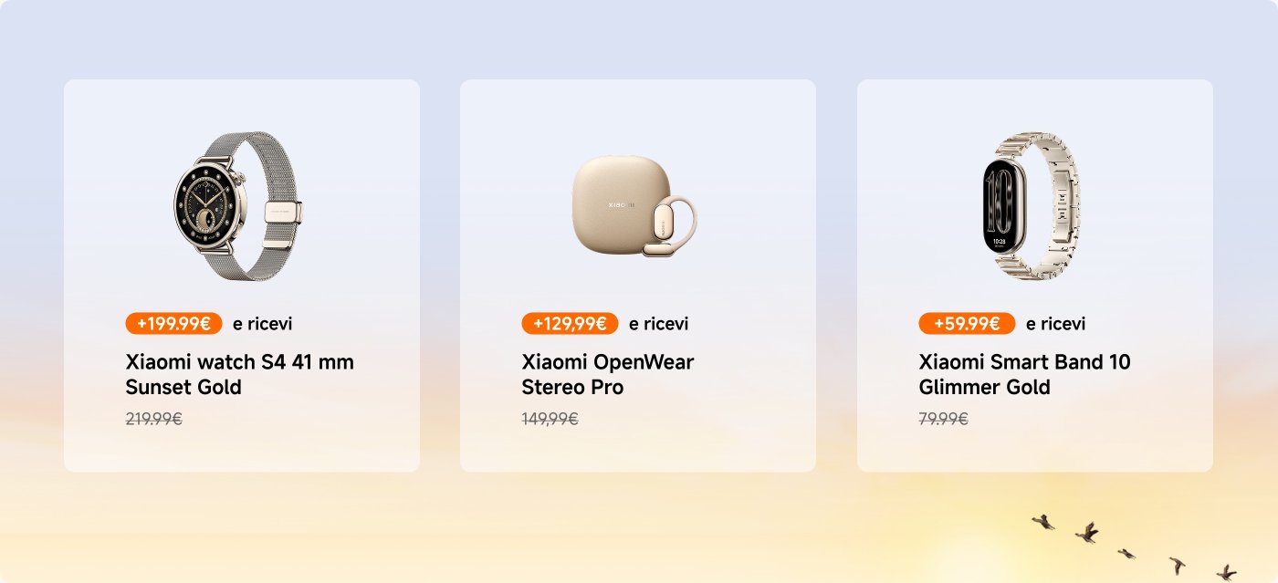 Mostra alcuni prodotti Xiaomi e i loro prezzi, tra cui: cuffie Xiaomi Buds 5 Pro, orologio Redmi 5, friggitrice ad aria a doppia zona Xiaomi, pistola massaggiante Xiaomi Mini, compressore elettrico portatile Xiaomi 2 Pro e bilancia della composizione corporea Xiaomi S400.