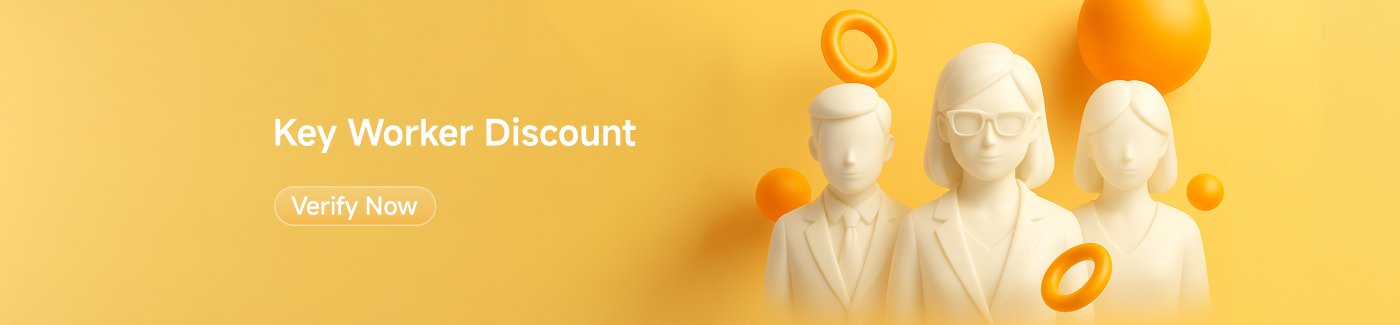 The background is yellow, showing three character models, with the heads of the characters blurred and an orange circular object next to them. The text includes "Key Worker Discount" and a "Verify Now" button.