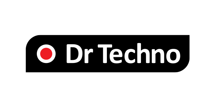 Dr Techno logo, crna pozadina, u centru bele font, slova "D" i "o" sa po jednim crvenim krugom pored.