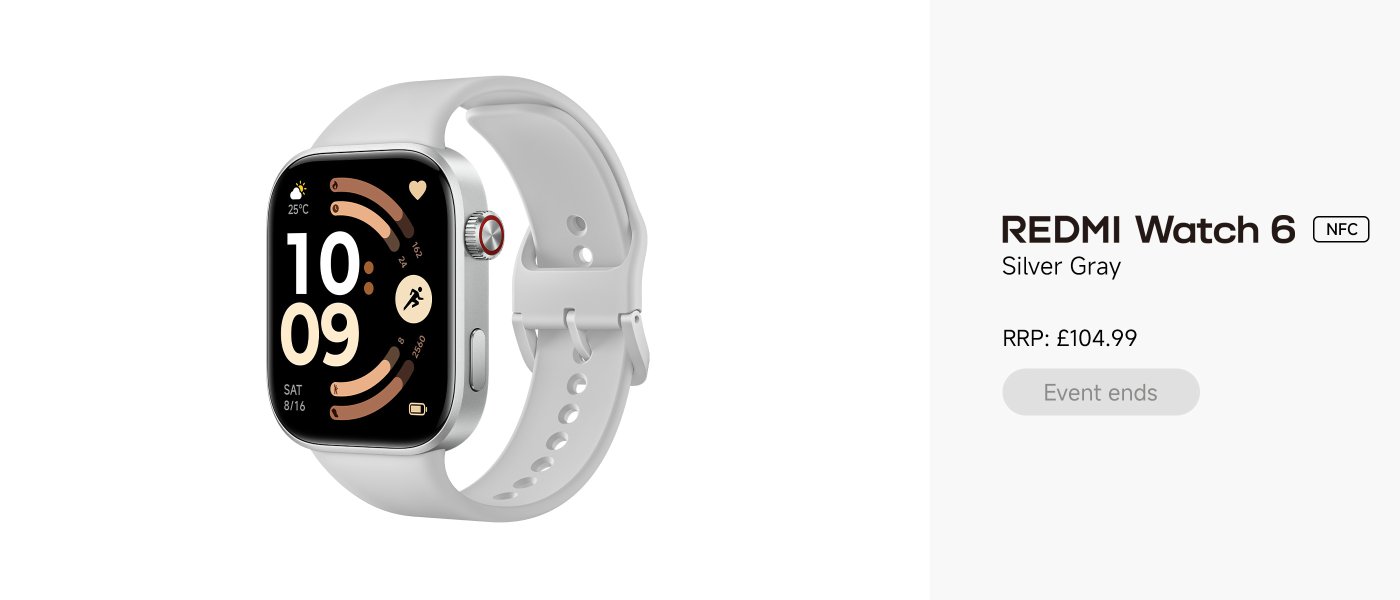 A silver-grey REDMI Watch 6 smartwatch displays the time, date, and fitness data on its screen. The watch strap is white, with a red button on the side. The price is marked at £129.99, along with a prompt indicating the end of the promotion.