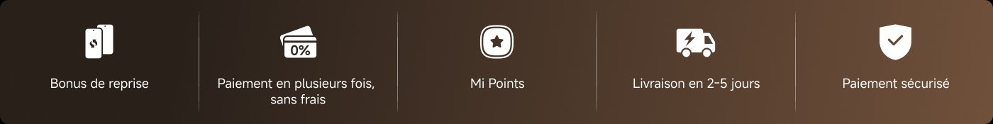 Des informations sur cinq services ou offres sont fournies, notamment : des primes de reprise de téléphone, des paiements échelonnés sans frais, des Mi Points, une livraison sous 2 à 5 jours et un paiement sécurisé.