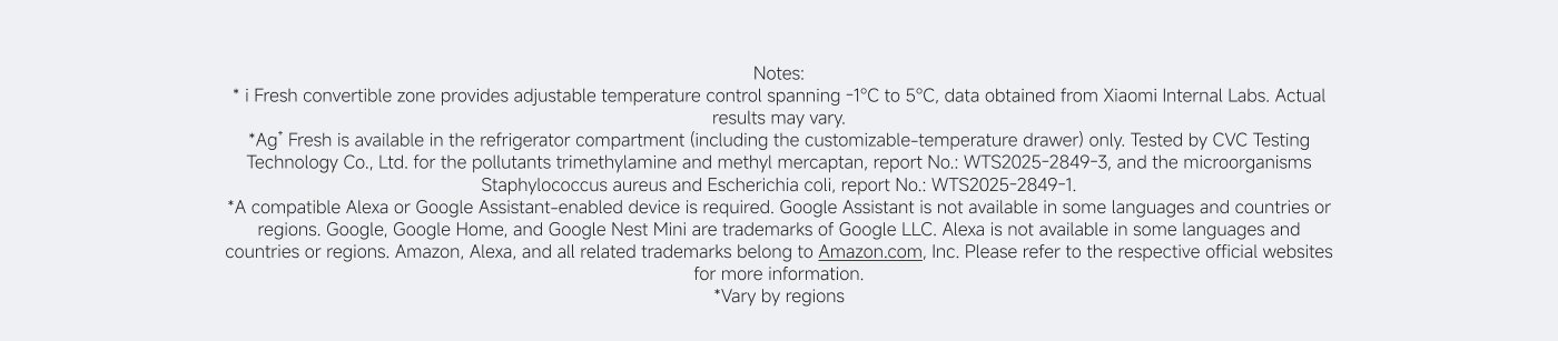 The text provides notes about a product's features, including:

- Adjustable temperature control for a convertible zone.
- Availability of specific features in certain compartments.
- Testing details related to pollutants and microorganisms.
- Compatibility with voice assistant devices, mentioning limitations in certain regions.
- Trademark information for Google and Amazon.

For more information, it advises checking the respective official websites.