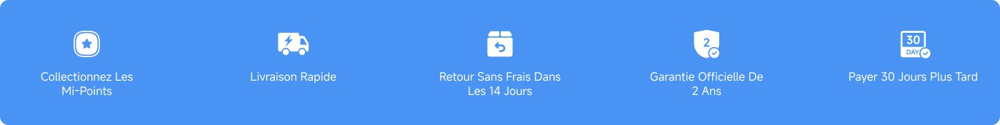 Le texte présente plusieurs avantages ou services :

1. Collectionnez les Mi-Points.
2. Livraison rapide.
3. Retour sans frais dans les 14 jours.
4. Garantie officielle de 2 ans.
5. Payer 30 jours plus tard.
