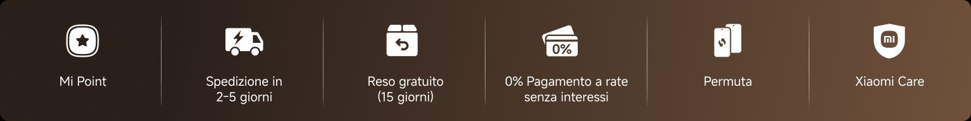 Sono stati forniti diversi icone di servizi e funzioni, tra cui Mi Point, consegna entro 2-5 giorni, reso gratuito entro 15 giorni, rateizzazione a 0% di interesse, cambio e Xiaomi Care.