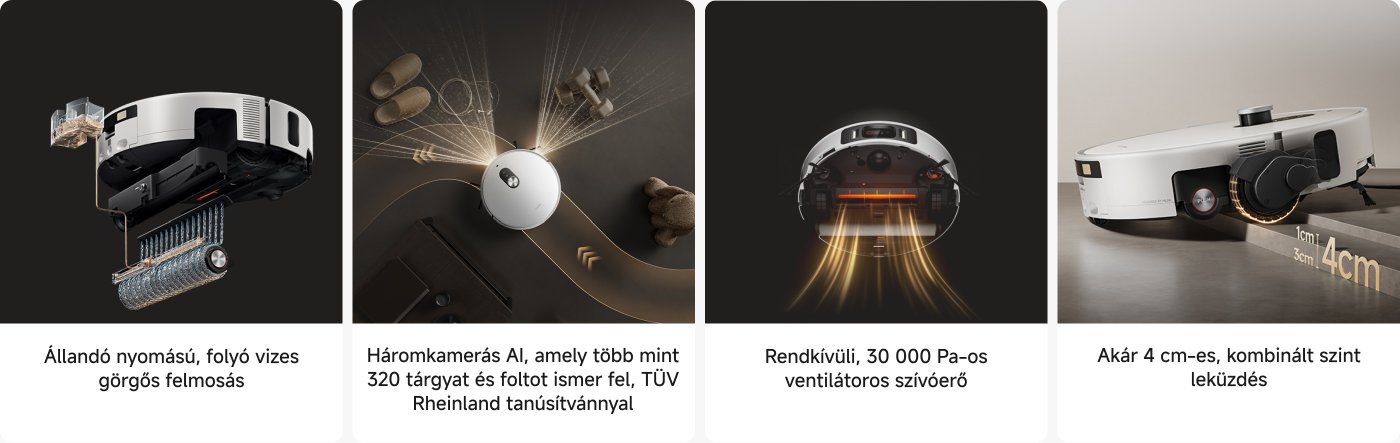 Négy négyzetben bemutatják egy intelligens takarítórobotot. A bal felső sarokban a folyamatos vízáramlásos tisztítás funkciója látható; a jobb felső sarokban a háromkamerás AI technológiáját mutatják be, amely 320 féle tárgyat képes azonosítani; a bal alsó sarok a 30 000 Pa-os erős szívóerejét hangsúlyozza; a jobb alsó sarok pedig azt magyarázza el, hogy képes legfeljebb 4 cm magas akadályokat is átlépni.
