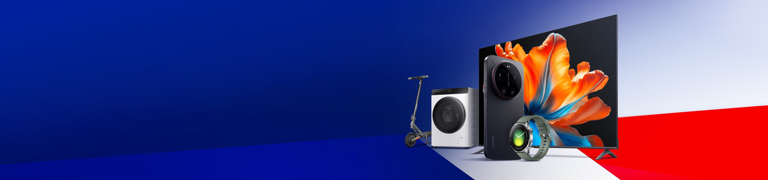 Un ensemble d'appareils électroniques, comprenant une télévision, un téléphone portable, une machine à laver, un scooter et une montre, sur un fond dégradé de bleu et de rouge.
