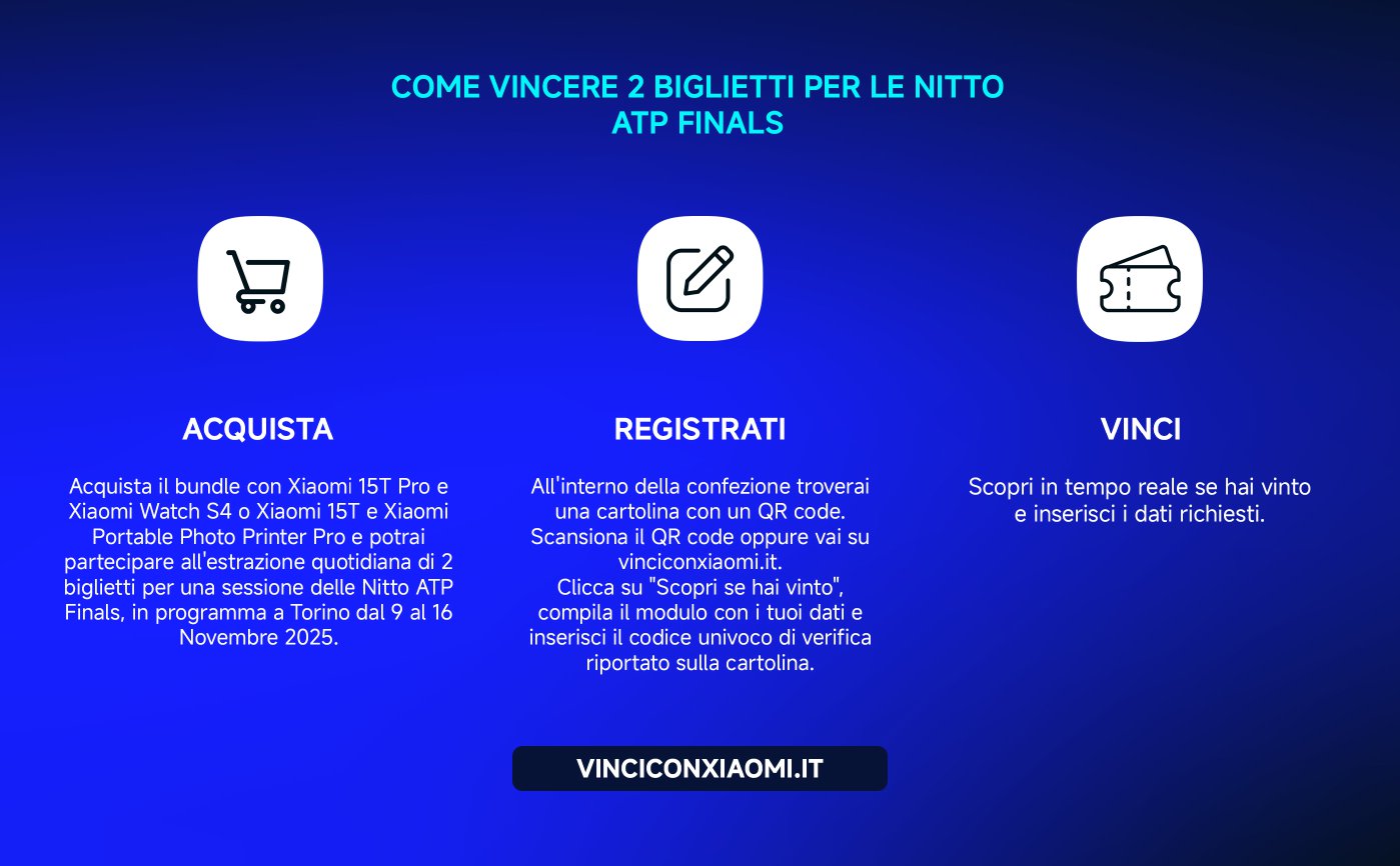 Come vincere due biglietti per le Nitto ATP Finals. Acquista un pacchetto con Xiaomi 15T Pro e altri dispositivi, registrati e scansiona il codice QR per vedere se hai vinto. L'evento si svolgerà a Torino dal 9 al 16 novembre 2025.