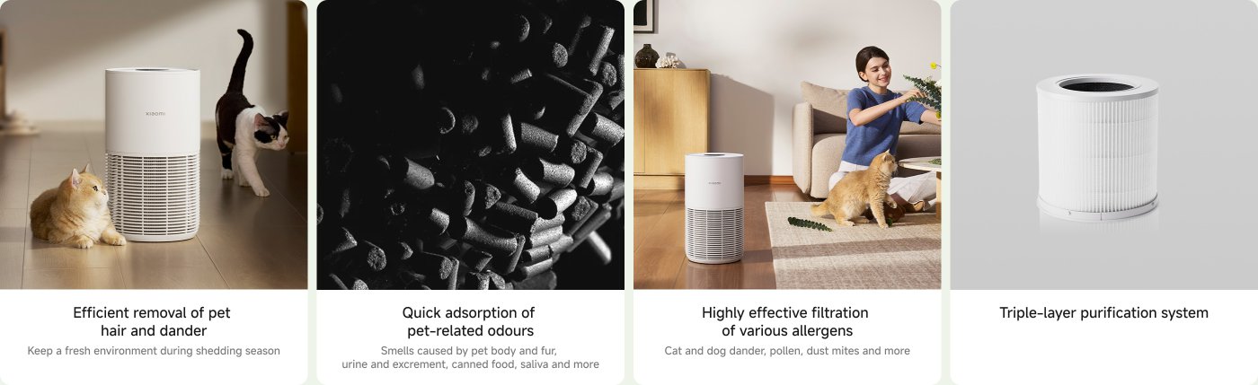 The image features a white air purifier with two cats nearby. The text highlights key features of the purifier, including efficient removal of pet hair and dander, quick absorption of pet-related odors, effective filtration of allergens, and a triple-layer purification system.