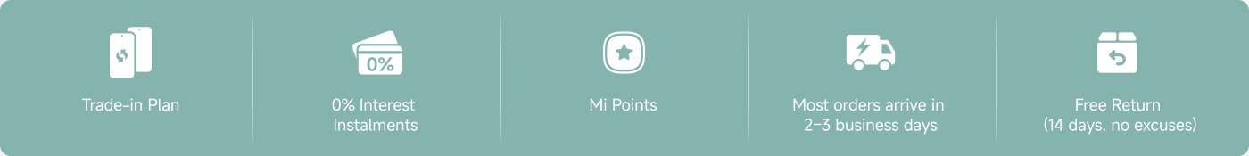 Provided multiple service information, including: trade-in program, 0% interest installment payments, Mi points, delivery of orders within 2-3 working days, and a 14-day free return policy.