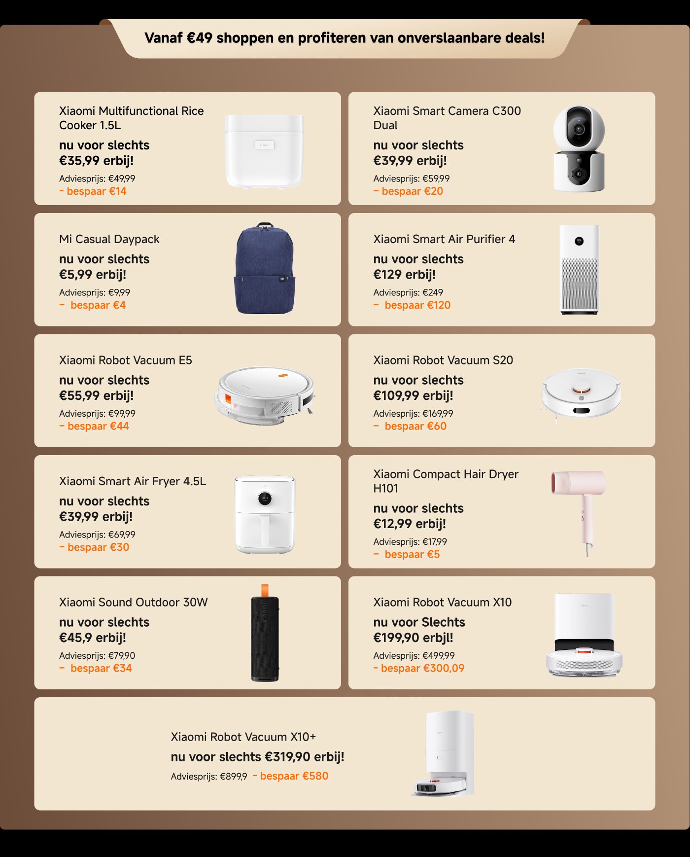 Aanbiedingsinformatie met kortingen op verschillende Xiaomi-producten, zoals de Xiaomi Robotstofzuiger, de Mi Casual Backpack en de Redmi-oordopjes, benadrukt dat je vanaf 49 euro kunt winkelen voor geweldige aanbiedingen.