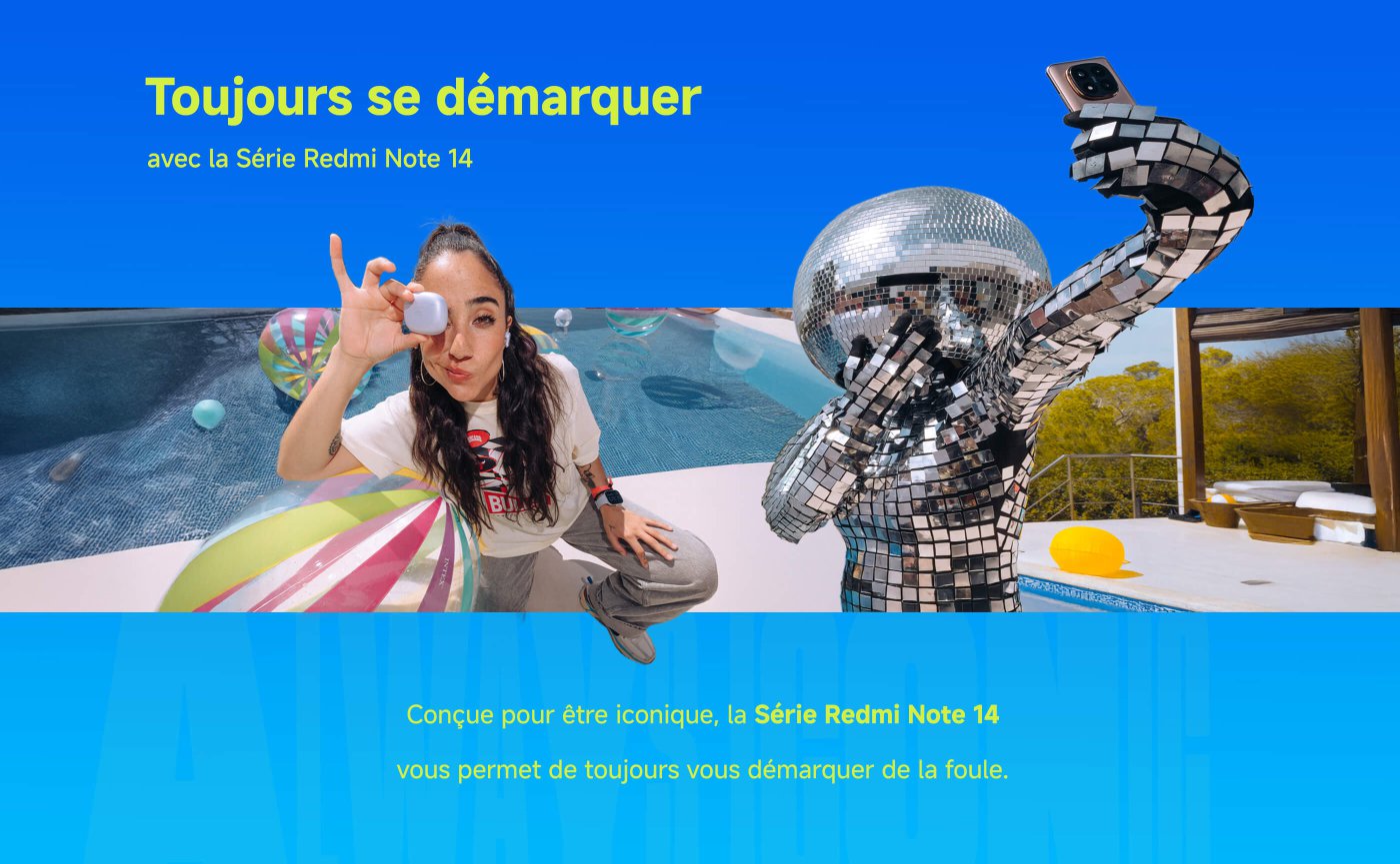 Une femme pose avec un dispositif sphérique réfléchissant près de la piscine, tenant un téléphone portable, avec un mur bleu et des installations de piscine en arrière-plan. L'image contient du texte promotionnel en français.