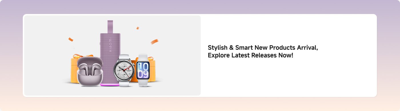The new products have arrived, showcasing headphones, smartwatches, speakers, and gift boxes, with a gradient background.