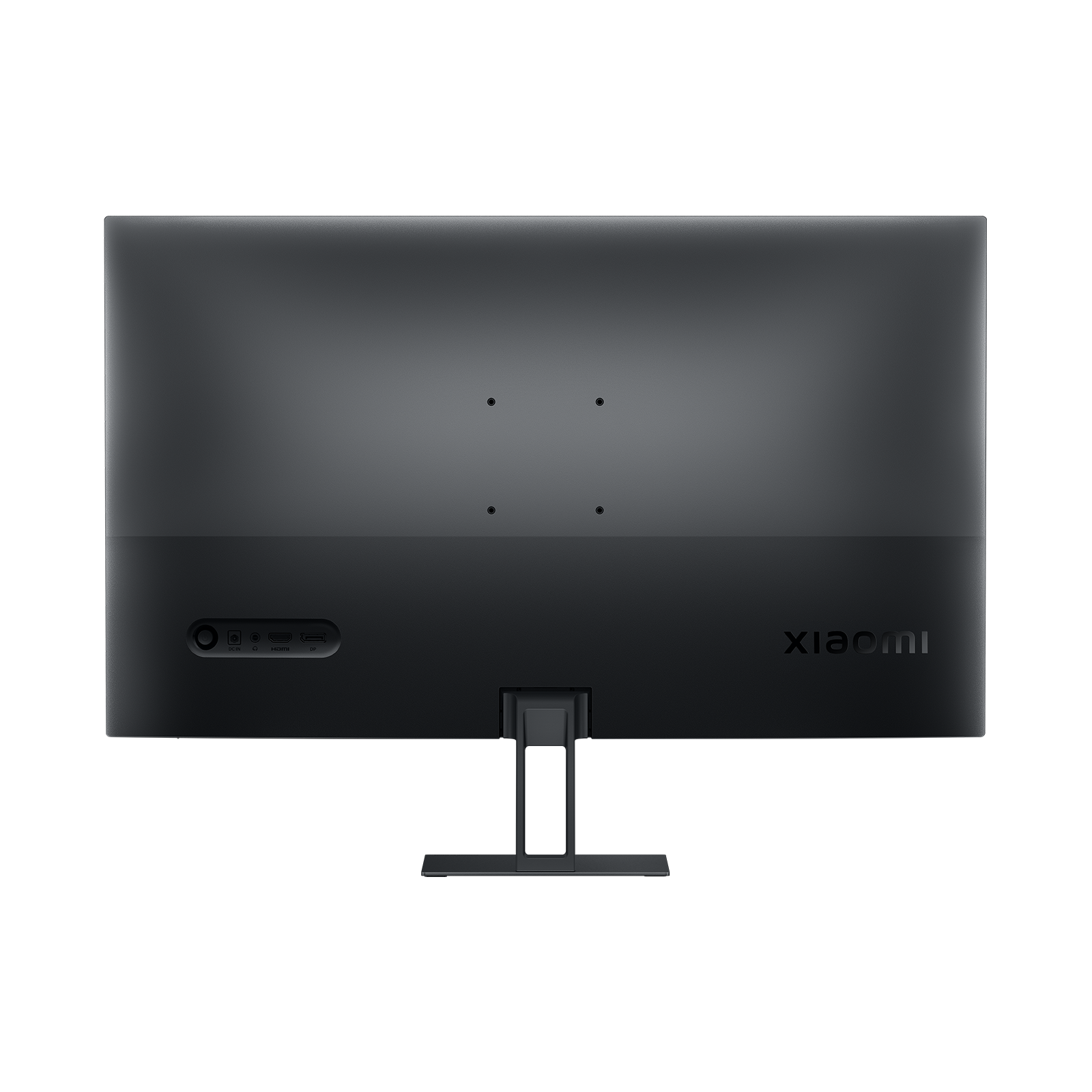 Le dos du moniteur, design noir, avec des ports de connexion et un support, convient pour être utilisé sur un bureau.