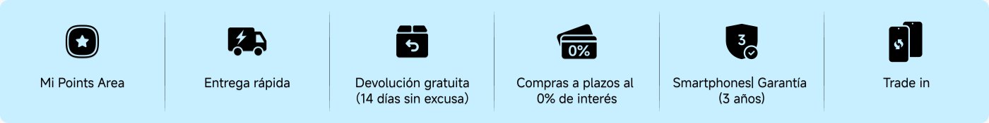Los servicios ofrecidos incluyen: área de Mi Points, entrega rápida, devolución gratuita sin condiciones en 14 días, pago a plazos sin intereses y garantía de teléfono (3 años), así como el servicio de cambio por uno nuevo.