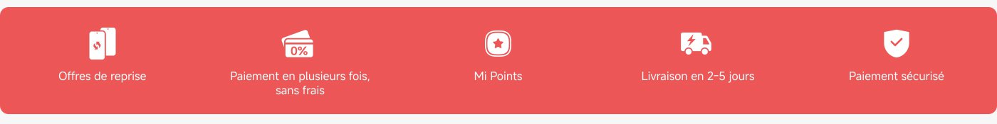 Les services fournis incluent : le recyclage de vieux téléphones, le paiement échelonné sans frais, les points Mi, la livraison en 2 à 5 jours et le paiement sécurisé.