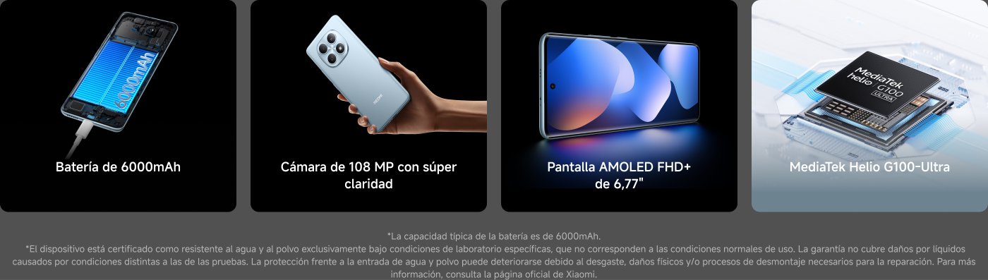 El teléfono Redmi Note 15 se presenta con características principales que incluyen: una batería de 6000mAh, pantalla de alta durabilidad, resistencia al agua y al polvo de nivel IP64, cámara ultra clara de 108MP y una pantalla AMOLED FHD+ de 6.77 pulgadas. El precio inicial es de 199 euros.