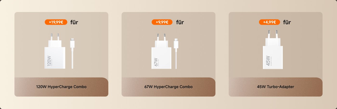 Es wurden drei Ladegeräte vorgestellt: 120W HyperCharge Combo, 67W HyperCharge Combo und 45W Turbo-Adapter, einschließlich Preisinformationen.