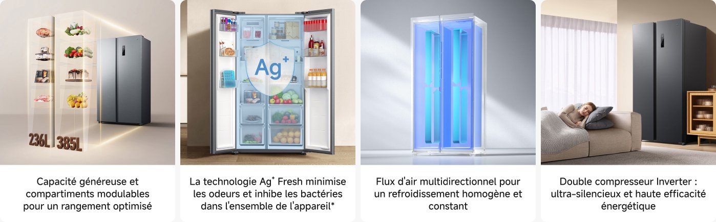 Un design de réfrigérateur moderne mettant en avant ses caractéristiques : une capacité généreuse avec des compartiments modulaires, la technologie Ag+ Fresh pour minimiser les odeurs et inhiber les bactéries, un flux d'air multidirectionnel pour un refroidissement uniforme, et un compresseur à double inverseur pour un fonctionnement silencieux et une haute efficacité énergétique.