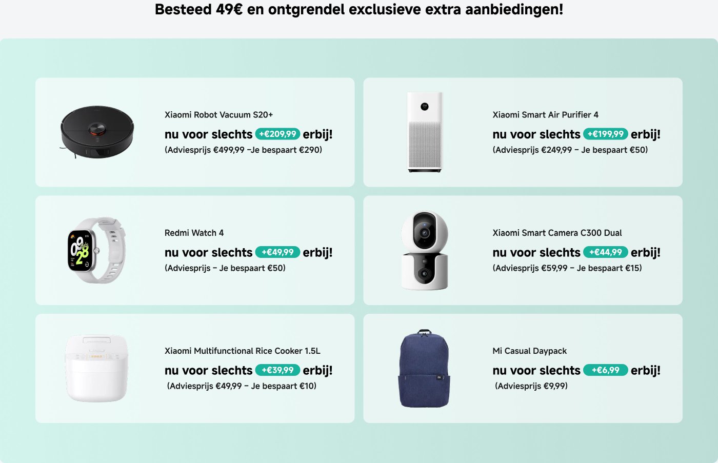Beste aankoop ontgrendelt exclusieve extra aanbiedingen voor 49 euro! Inclusief producten zoals de Xiaomi Robotstofzuiger S20+, de Xiaomi Smart Air Purifier 4, de Redmi Watch 4, met weergegeven prijzen en besparingen.